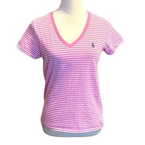 Polo Ralph Lauren short sleeve pink and white striped v neck shirt size M EUC